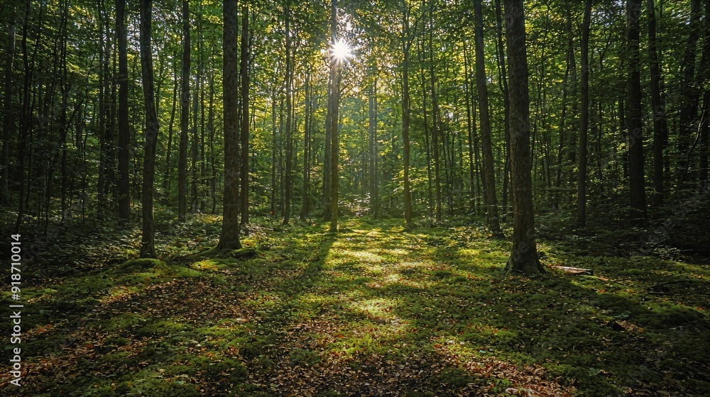 Obraz premium the sun shines through the trees in the forest