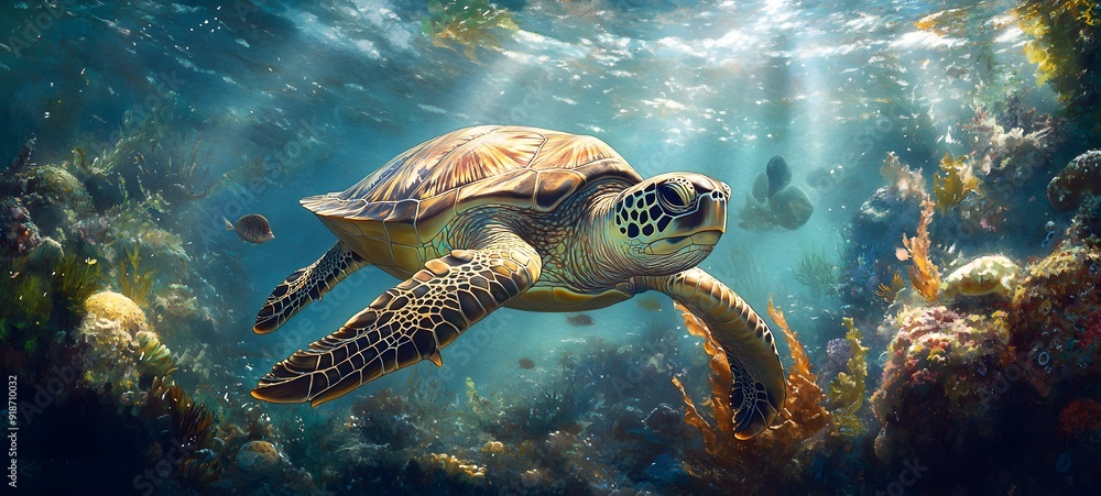 Fototapeta premium 73. A serene underwater view of a sea turtle swimming gracefully among coral and seaweed