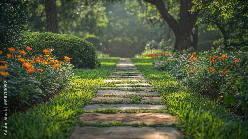a stone path in the middle of a lush green park a stone path in the middle of a lush green park