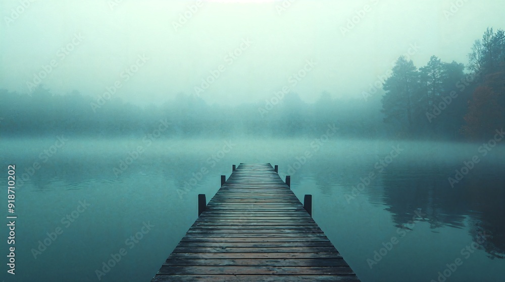 Fototapeta premium a dock in the middle of a lake on a foggy day