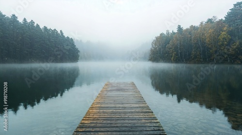 Fototapeta Naklejka Na Ścianę i Meble -  a dock in the middle of a lake surrounded by trees