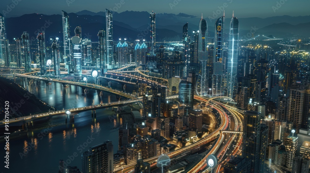 Naklejka premium Nighttime Cityscape with Intertwining Highways and Skyscrapers