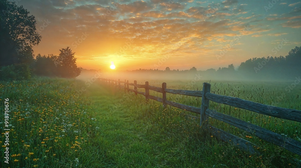 the sun is setting over a field with a fence the sun is setting over a field with a fence
