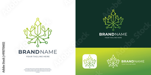 geometric cannabis logo tech line minimalist style and connect dot technology.