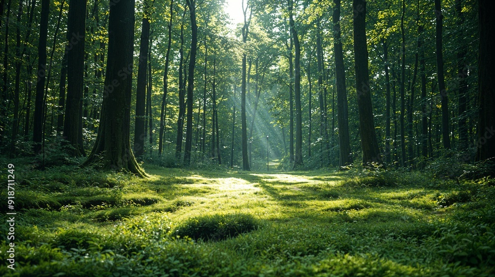 Obraz premium the sun shines through the trees in the forest