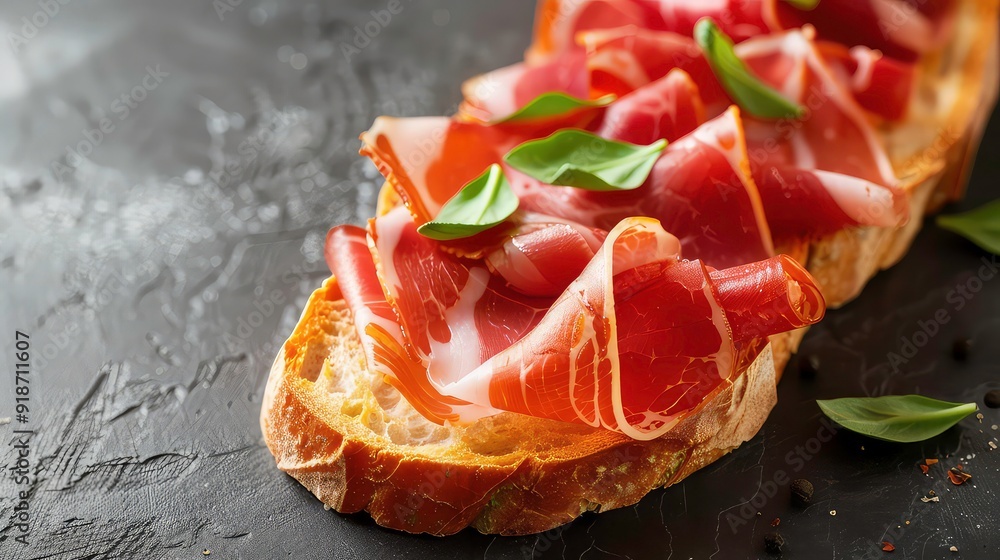 Close-up of a toasted baguette topped with thinly sliced prosciutto and fresh basil leaves, set against a dark grey background. Close-up of a toasted baguette topped with thinly sliced prosciutto and fresh basil leaves, set against a dark grey background.
