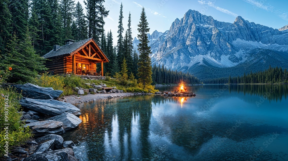 Fototapeta premium a cabin on the shore of a mountain lake