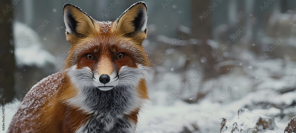 Obraz premium 5. A close-up of a playful red fox in a snowy forest, with its fur contrasting against the white snow