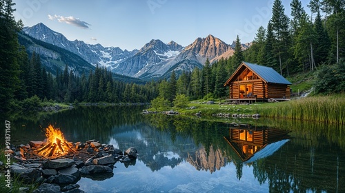 Fototapeta Naklejka Na Ścianę i Meble -  a log cabin sits next to a lake with a campfire in the foreground
