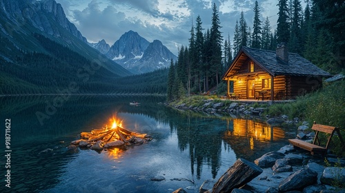 Fototapeta Naklejka Na Ścianę i Meble -  a cabin on a lake with a campfire in the foreground
