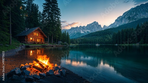 Fototapeta Naklejka Na Ścianę i Meble -  a log cabin sits on the shore of a lake