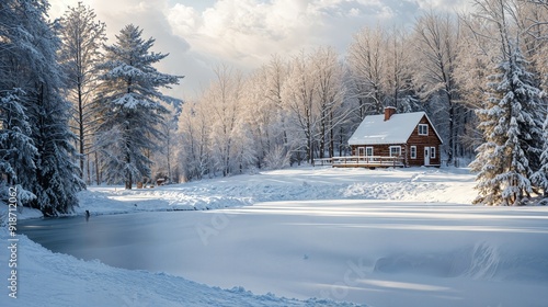 a cabin in the middle of a snowy forest