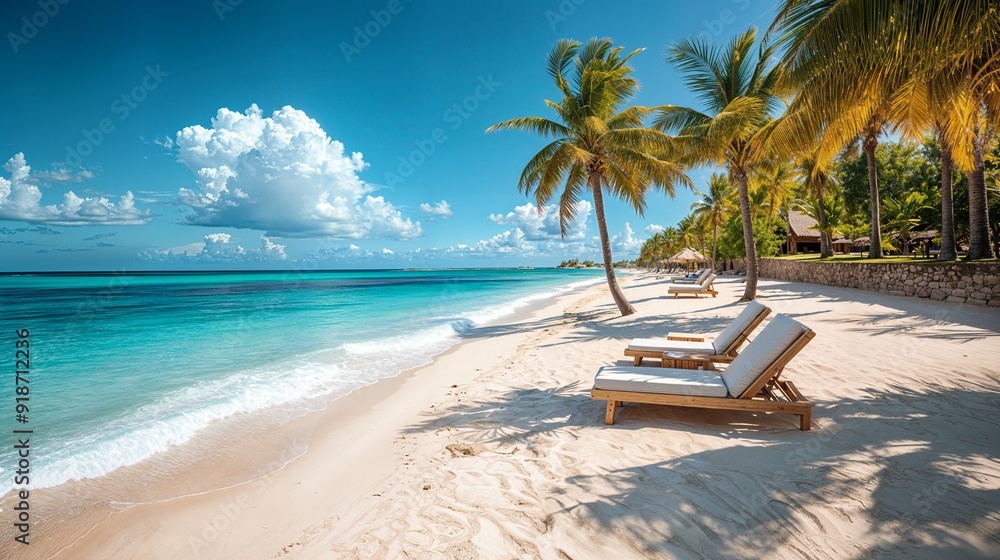 a beach with lounge chairs and palm trees a beach with lounge chairs and palm trees