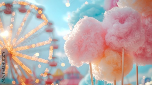 Colorful cotton candy stands against a dreamy carnival backdrop with a ferris wheel, capturing the essence of fun and nostalgia.