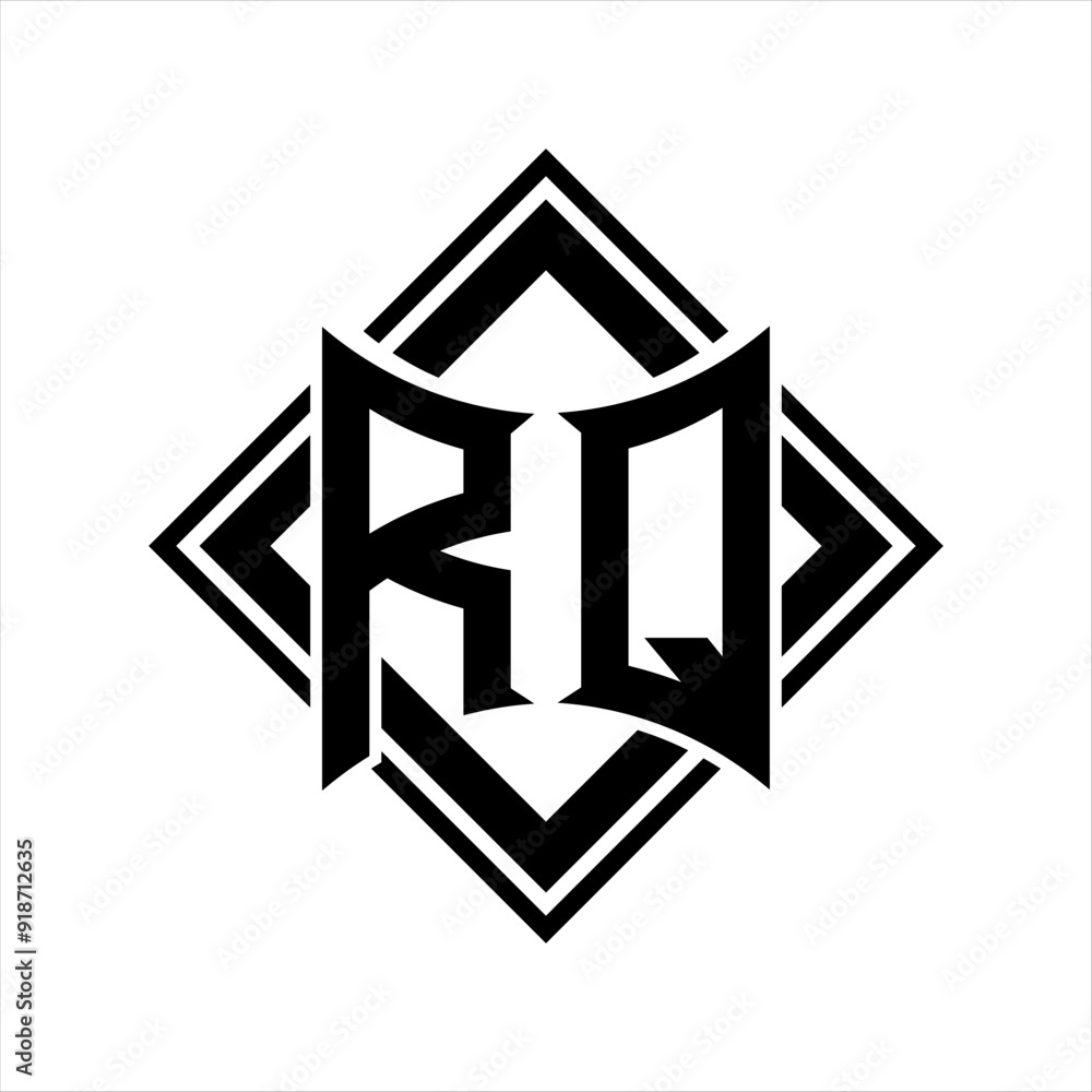 RQ Letter logo with abstract shield shape with square black outline on white background design RQ Letter logo with abstract shield shape with square black outline on white background design