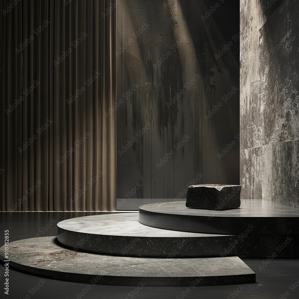 Minimalist scene with stone podium, natural materials, dark colors luxury,generative ai Minimalist scene with stone podium, natural materials, dark colors luxury,generative ai