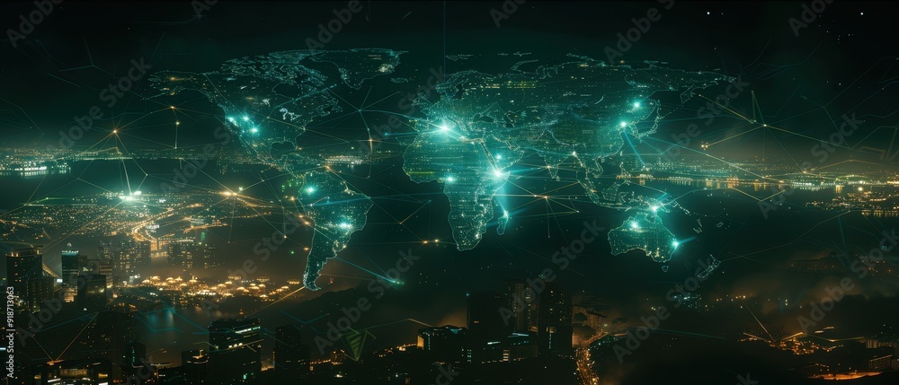 A futuristic digital world map composed of interconnected blue and green circuits, with major continents highlighted in neon lights A futuristic digital world map composed of interconnected blue and green circuits, with major continents highlighted in neon lights
