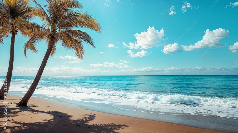 Fototapeta premium a couple of palm trees sitting on top of a beach