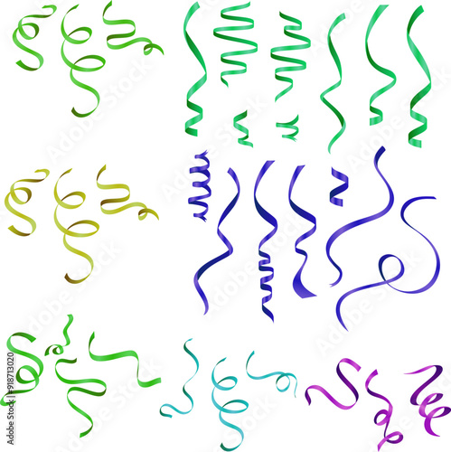 Curly and glossy ribbon isolated over the background, set collection of three different foreshortening