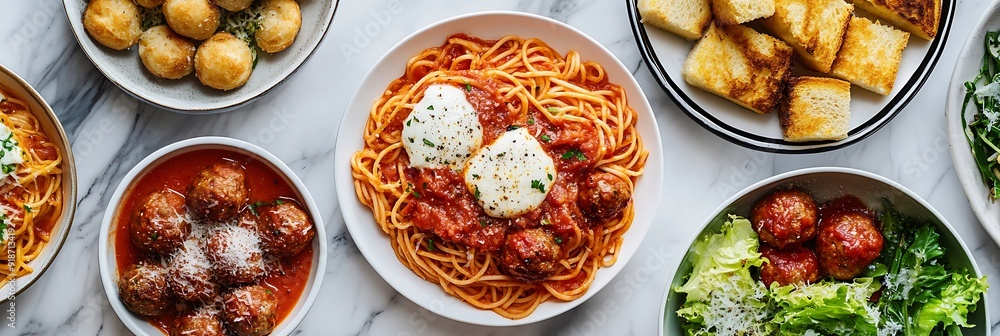 A delicious and hearty meal of spaghetti with meatballs, mozzarella balls, and a side salad with toasted bread. A delicious and hearty meal of spaghetti with meatballs, mozzarella balls, and a side salad with toasted bread.