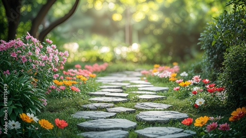 Fototapeta Naklejka Na Ścianę i Meble -  a stone path surrounded by flowers and greenery