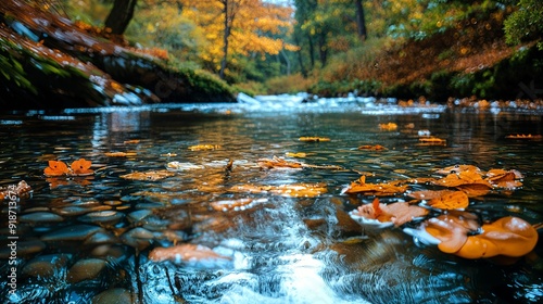 a stream with leaves floating on the water