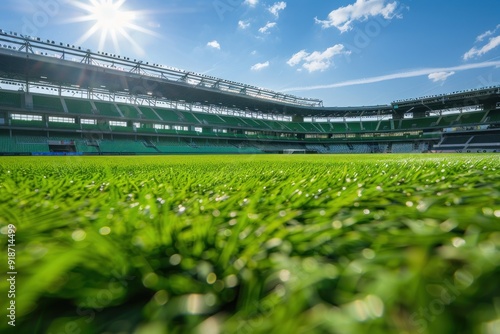 A modern soccer stadium bathed in sunlight, with vibrant green grass and clear blue skies, ready for an exciting game.