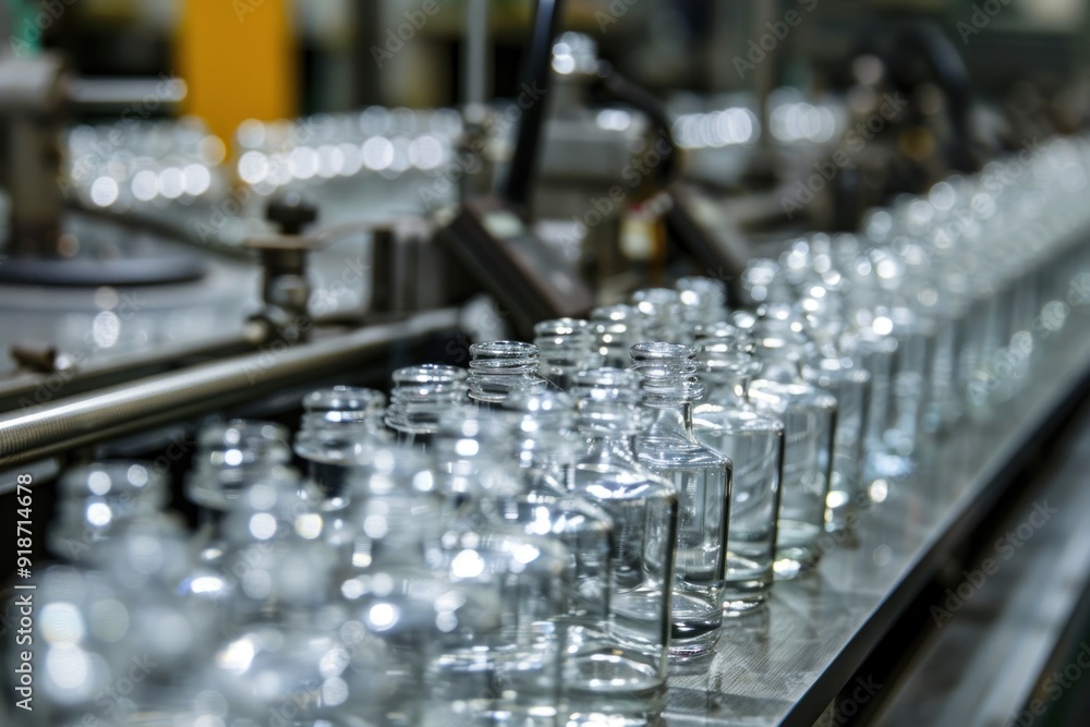 Empty glass bottles arranged in rows on a production line in a modern bottling factory. Empty glass bottles arranged in rows on a production line in a modern bottling factory.
