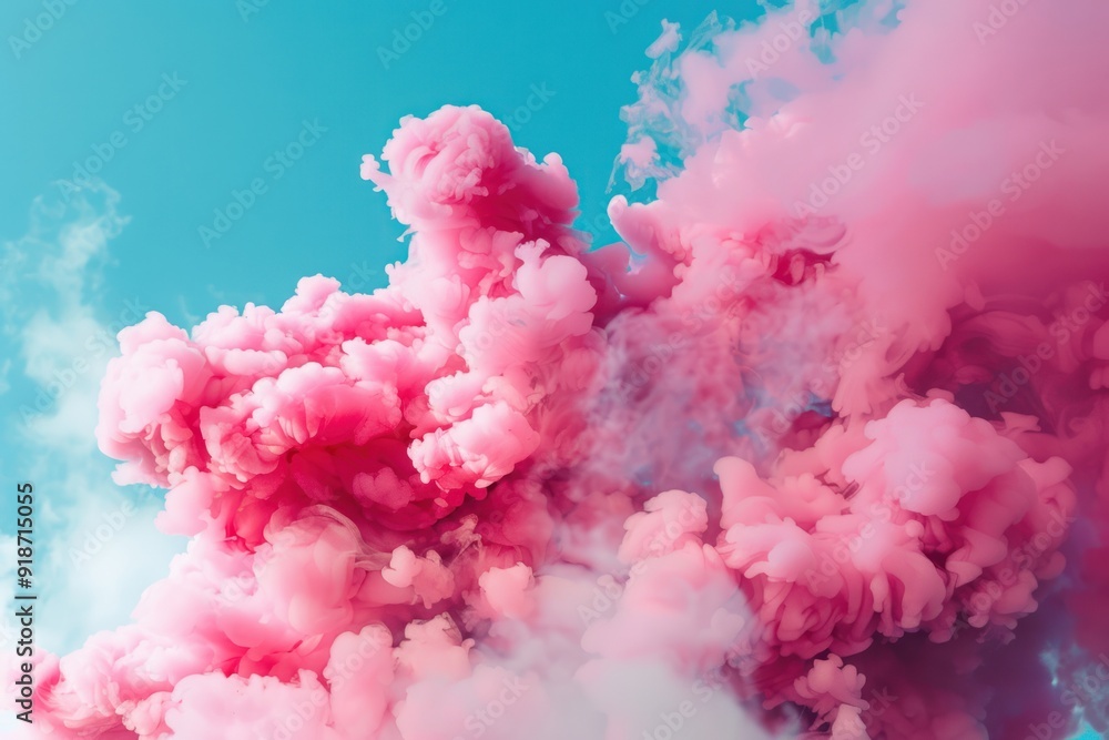 Fototapeta premium A vivid display of pink smoke billows against a clear blue sky, creating a stunning visual contrast and artistic effect.