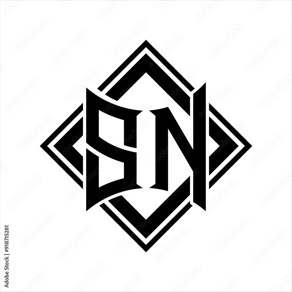 SN Letter logo with abstract shield shape with square black outline on white background design SN Letter logo with abstract shield shape with square black outline on white background design