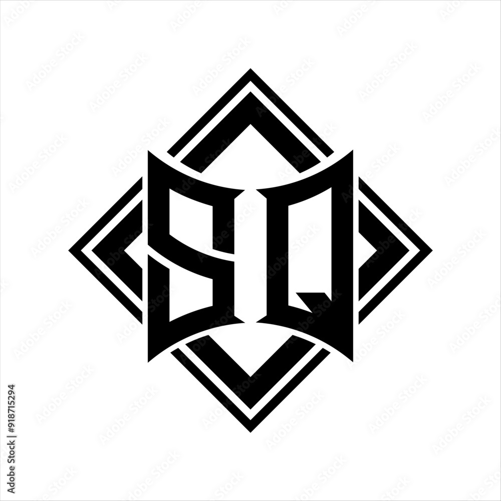 SQ Letter logo with abstract shield shape with square black outline on white background design SQ Letter logo with abstract shield shape with square black outline on white background design