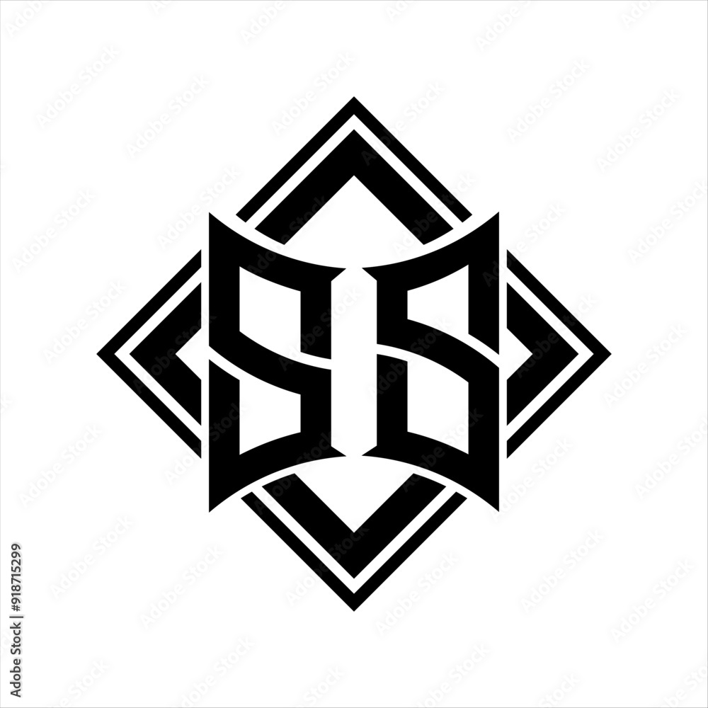 SS Letter logo with abstract shield shape with square black outline on white background design SS Letter logo with abstract shield shape with square black outline on white background design
