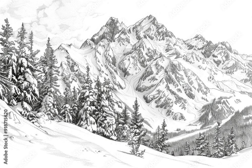 Obraz premium A serene pencil drawing of a snow-covered mountain range with peaks and valleys