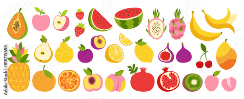 Fruits or berries hand drawn cartoon set. Sliced lemon orange apple pear, watermelon peach papaya fig, pineapple dragon fruits, kiwi mango banana pomegranate. Juicy strawberry plum cherry vector drawn