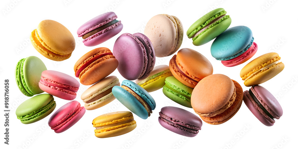 Assorted Macarons in Air Isolated for Graphics on Transparent Background Assorted Macarons in Air Isolated for Graphics on Transparent Background
