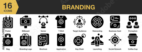 Branding Glyph icon set. Includes coffee cup, key chain, launching, perception, poster, rebranding, and More. Solid icons vector collection.