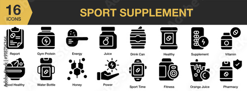 Sport Supplement Glyph icon set. Includes juice, pharmacy, power, report, sport time, vitamin, water bottle, and More. Solid icons vector collection.