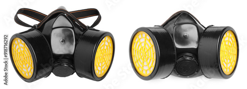 Respirator with replaceable filters isolated on white, collage