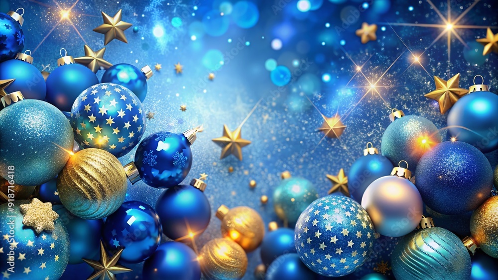 Vibrant abstract blue background adorned with sparkling Christmas balls and shimmering golden stars, perfect for festive greeting posters or flyers with ample copy space. Vibrant abstract blue background adorned with sparkling Christmas balls and shimmering golden stars, perfect for festive greeting posters or flyers with ample copy space.