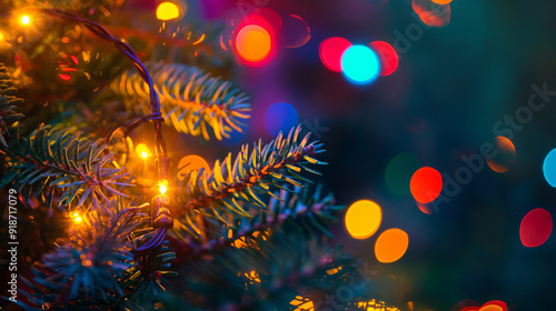 Wallpaper Mural Colorful Christmas Tree Lights: A close-up of vibrant Christmas tree lights glowing at night, Christmas tree, with copy space Torontodigital.ca