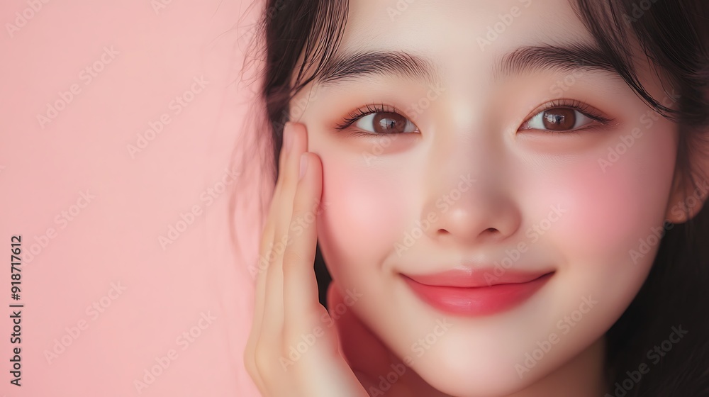 Obraz premium Radiant Young Woman Smiling Brightly Against a Soft Pink Background