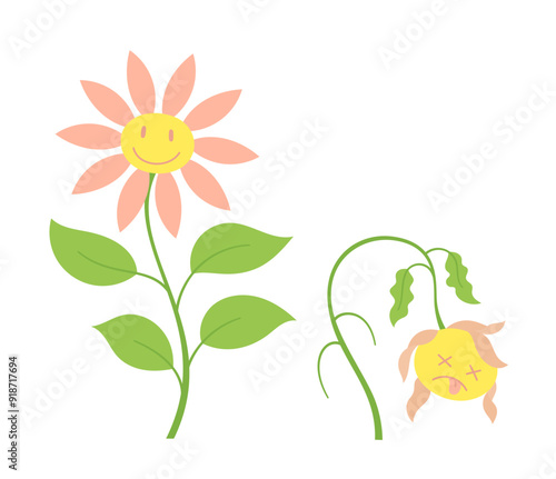 happy and sad cartoon flower character. Include wilted and dried plants