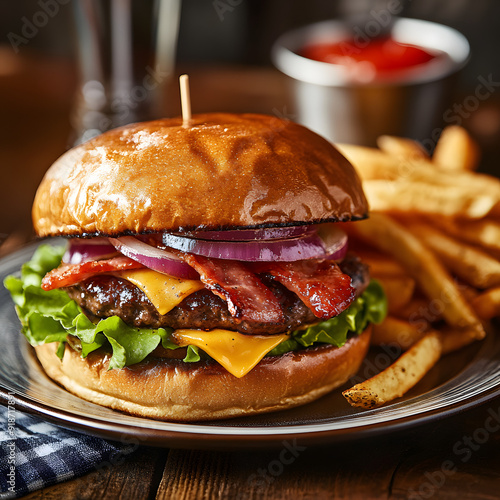 Gournet Burger with French Fries  photo