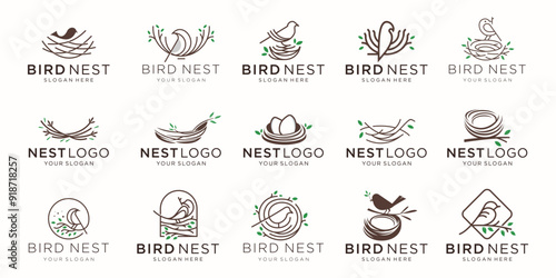 mega collection of bird's nest logo design template. minimalist root house line and leaves green modern concept.