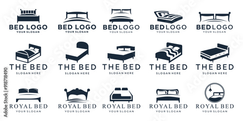 set of illustration bed logo and silhouette shape concept with pillows vector design.