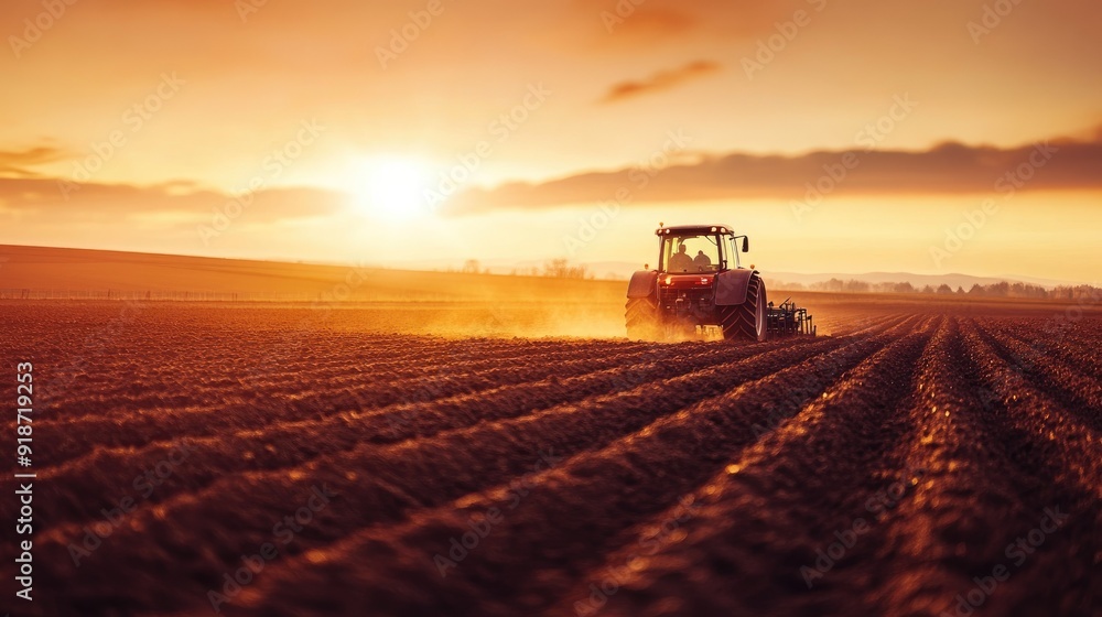 A farmer driving a tractor across a field at dawn, with the early morning light highlighting the plowed earth. A farmer driving a tractor across a field at dawn, with the early morning light highlighting the plowed earth.