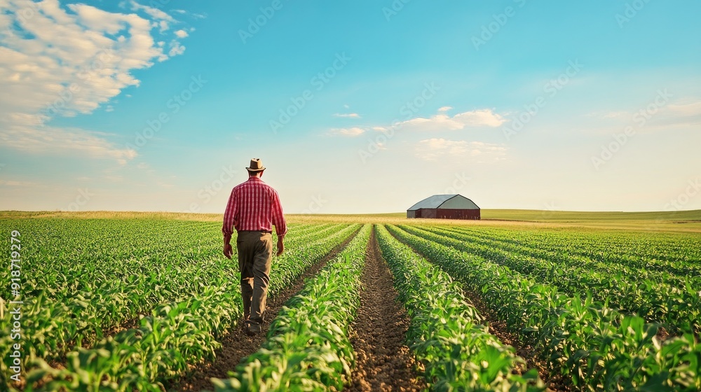 Fototapeta premium A farmer walking through rows of corn in a vast field, the blue sky above and a barn in the distance, symbolizing rural life.