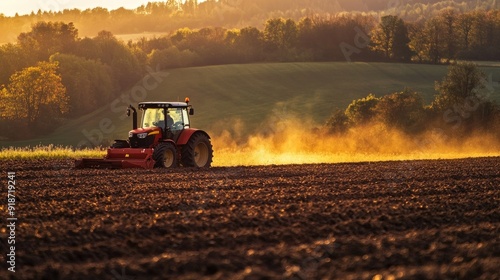 A farmer driving a tractor across a field at dawn, with the early morning light highlighting the plowed earth.