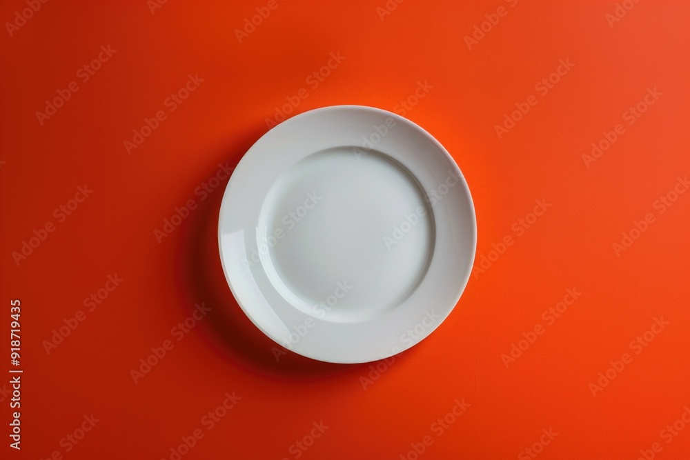 A simple still life scene with a white plate sitting on a vibrant orange table A simple still life scene with a white plate sitting on a vibrant orange table