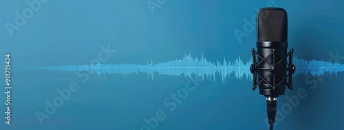 A microphone with sound waves on a blue background, representing podcasting and audio recording for online content creation